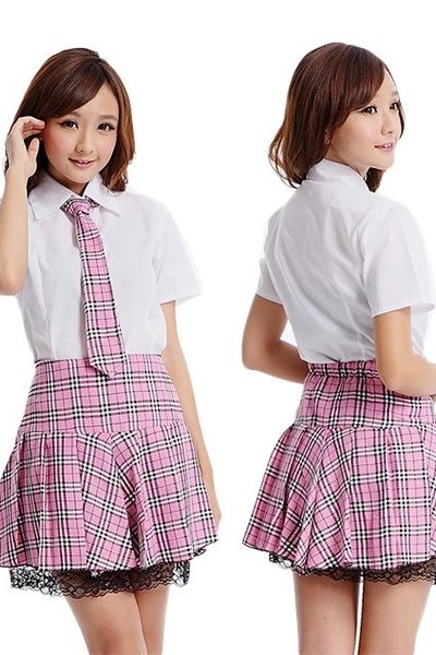 Đồng phục học sinh sinh viên – Đồng phục học sinh cấp 3 áo trắng, cavat, váy caro hồng 17
