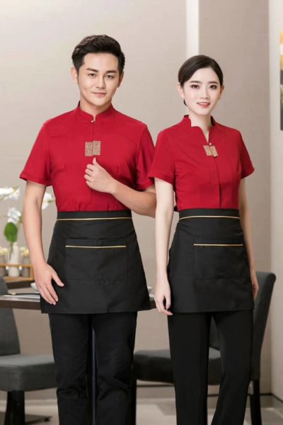 Đồng Phục Nhà Hàng Khách Sạn-Đồng Phục Pha Chế Áo Sơ Mi Đỏ Phối Họa Tiết, Tạp Dề Đen Phối Vàng 60