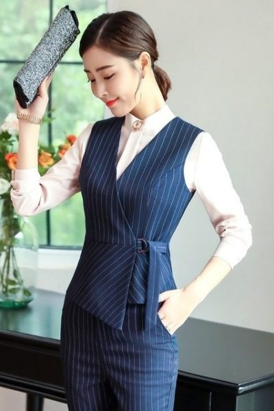 Đồng Phục Công Sở-Áo Gile Nữ Màu Xanh Dương Sọc Trắng 106
