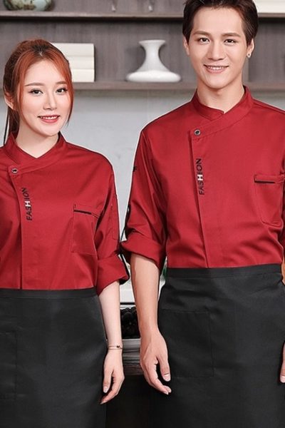 Đồng Phục Nhà Hàng Khách Sạn-Đồng Phục Pha Chế Áo Đỏ, Tạp Dề Đen 62