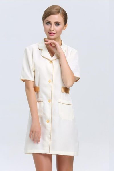 Đồng Phục Bênh Viện-Đồng Phục Y Tá Màu Trắng Phối Vàng Tay Ngắn 87
