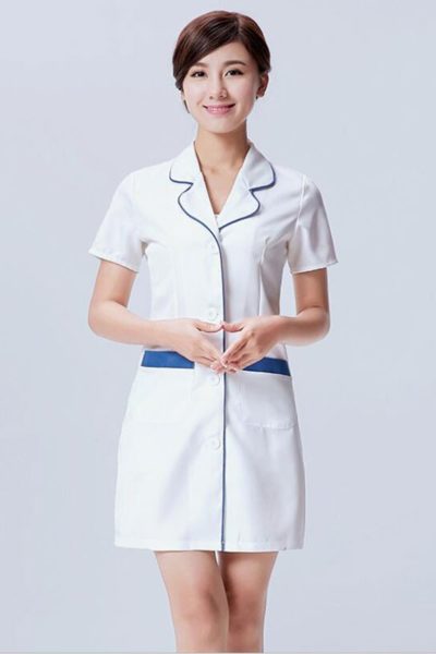 Đồng Phục Bệnh Viện-Đồng Phục Áo Blouse Nữ Màu Trắng Phối Xanh Tay Ngắn 85