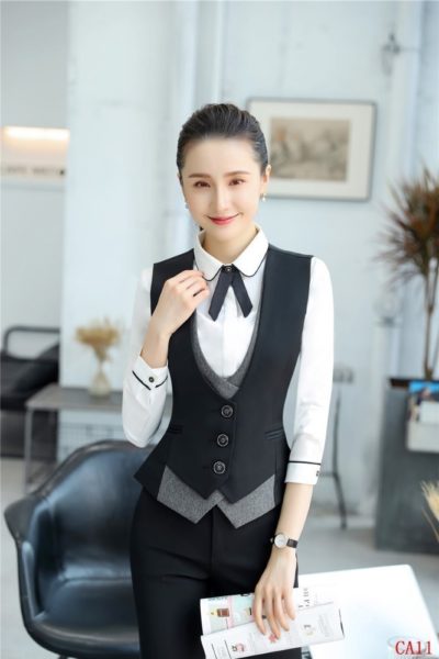 Đồng phục công sở – Áo ghi lê nữ màu đen phối xám 93