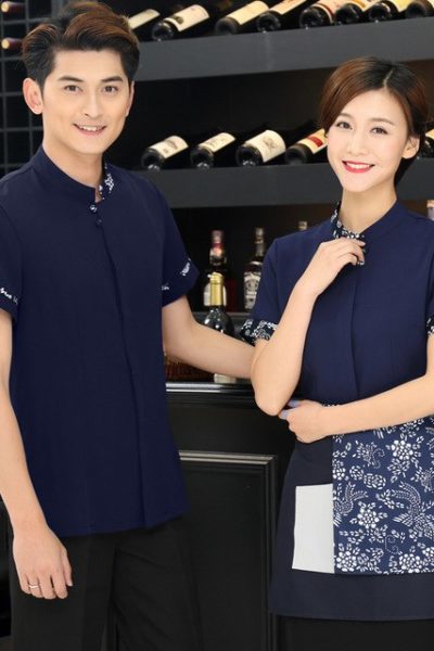 Đồng Phục Nhà Hàng Khách Sạn-Đồng Phục Pha Chế Áo Sơ Mi Xanh Phối Họa Tiết, Tạp Dề Xanh Phối Họa Tiết 69