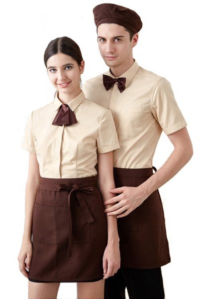 Đồng Phục Nhà Hàng Khách Sạn-Đồng Phục Pha Chế Áo Sơ Mi Vàng, Tạp Dề Nâu 66