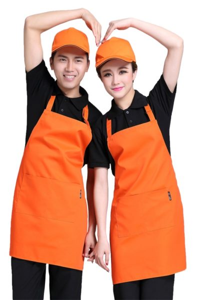 Đồng Phục Nhà Hàng Khách Sạn-Đồng Phục Pha Chế Áo Thun Cổ Trụ Màu Đen, Tạp Dề Cam 85