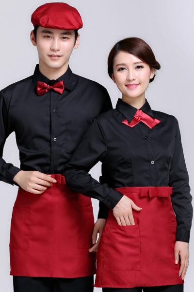Đồng Phục Nhà Hàng Khách Sạn-Đồng Phục Pha Chế Áo Sơ Mi Đen phối Đỏ, Tạp Dề Đỏ Phối Đen 88