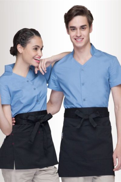 Đồng Phục Nhà Hàng Khách Sạn-Đồng Phục Pha Chế Áo Sơ Mi Xanh , Tạp Dề Đen 77