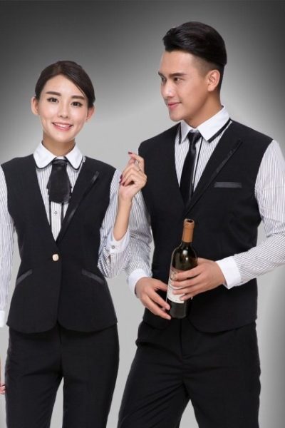 Đồng Phục Nhà Hàng Khách Sạn-Đồng Phục Pha Quần Âu Đen, Áo Sơ Mi Sọc, Áo Gile Đen 33